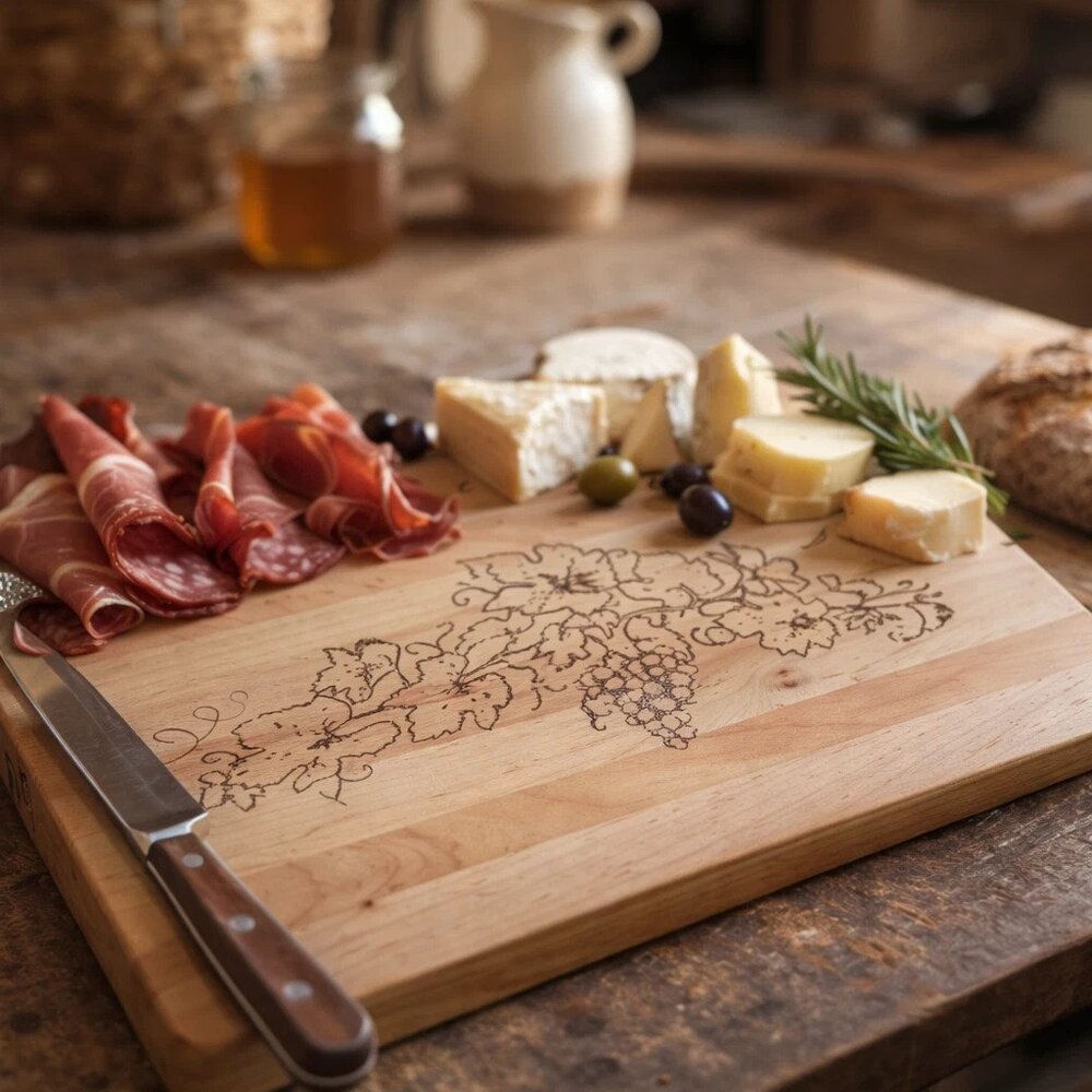 Handmade Maple Charcuterie Cheese Board Laser Engraved Grape Vine Design